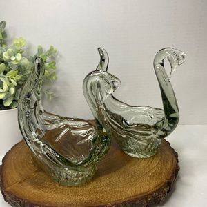 Hand Blown Swan Trinket Or Soap Dish Smoky Olive Green Glass X2 Small & Big Swan